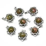 Natural Unakite Pendants, with Platinum Plated Brass Findings, Star of David, 19x15x10.5mm, Hole: 2.5x4.5mm(G-R485-01B)