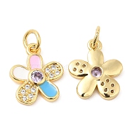 Brass with Cubic Zirconia Enamel Pendants, Long-Lasting Plated, Lead Free & Cadmium Free, Flower Charm, Real 18K Gold Plated, 14x12x2.5mm(KK-K343-05G)