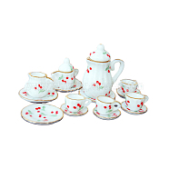 Mini Ceramic Tea Sets, including Teacup, Saucer, Teapot, Cream Pitcher, Sugar Bowl, Miniature Ornaments, Micro Landscape Garden Dollhouse Accessories, Pretending Prop Decorations, Cherry Pattern, 15pcs/set(BOTT-PW0002-119C)
