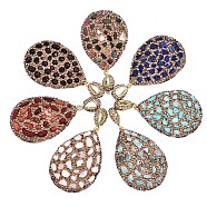 Polymer Clay Rhinestone Pendants, with Gemstone Chip/Natural Shell Chip and PU Leather, Teardrop, Golden, 53~56x37~39x6~8mm, PP12(1.8~1.9mm), Hole: 9x5mm(RB-S056-11C-G)