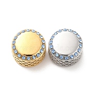 304 Stainless Steel European Beads, with Rhinestone, Large Hole Beads, Golden & Stainless Steel Color, Flat Round, Light Sapphire, 12x8mm, Hole: 4mm(STAS-D180-13GP-01)