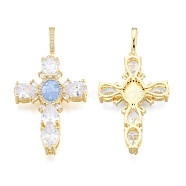 Brass Micro Pave Clear Cubic Zirconia Pendants, with Abalone Shell/Paua Shell, Nickel Free, Real 18K Gold Plated, Cross, Cornflower Blue, 45.5x30x6.5mm, Hole: 4x7mm(KK-N227-108C)
