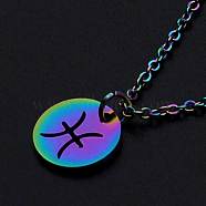 201 Stainless Steel Pendants Necklaces, with Cable Chains and Lobster Claw Clasps, Flat Round with Constellation/Zodiac Sign, Rainbow Color, Pisces, 15-3/4 inch(40cm), 1.5mm(NJEW-S105-JN627-12)