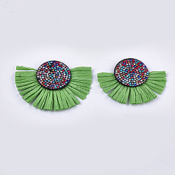 Raffia Tassel Big Pendant, with Non-Woven Fabric and Resin Rhinestone, Fan Shape, Lime Green, 54~60x69~77x4~5mm, Hole: 1.2mm(FIND-S309-01A)