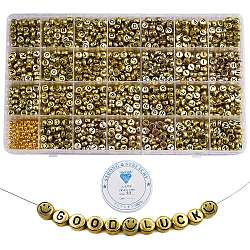 DIY Necklace & Bracelet Making Kits, including 1400Pcs Flat Round with Letter Plating Acrylic Beads and Round Iron Spacer Beads, Elastic Crystal Thread, Gold, 7x4mm, Hole: 1.2mm, Beads: 1400pcs/box(DIY-CJ0001-78)