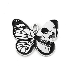 Halloween Alloy Enamel Pendants, Butterfly with Skull Charm, Platinum, Black, 23x28x1mm, Hole: 2mm(ENAM-I053-C03)