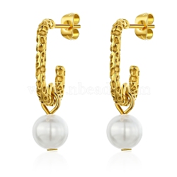 Stainless Steel C-shaped Stud Earrings, with Imitation Pearl, Golden, 25x25mm(CT3018-1)