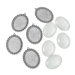 DIY Blank Tibetan Style Alloy Pendants Making Kit, Antique Silver, Oval, Tray: 40x30mm, 55x40x2mm, Hole: 2mm(DIY-FS0005-80B)