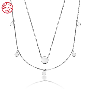 925 Sterling Silver Flat Round Pendant Necklaces for Women, Double Layer Cable Chains Necklaces, Platinum, 15-3/8 inch(39cm)