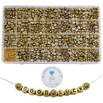 DIY Necklace & Bracelet Making Kits, including 1400Pcs Flat Round with Letter Plating Acrylic Beads and Round Iron Spacer Beads, Elastic Crystal Thread, Gold, 7x4mm, Hole: 1.2mm, Beads: 1400pcs/box