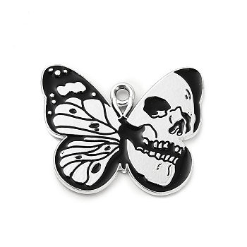 Halloween Alloy Enamel Pendants, Butterfly with Skull Charm, Platinum, Black, 23x28x1mm, Hole: 2mm