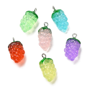 Transparent Resin Fruit Pendants, Grape Charms with Platinum Tone Iron Loops, Mixed Color, 24x12x11mm, Hole: 2mm