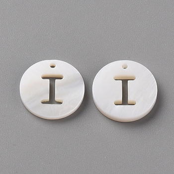 Natural Freshwater Shell Pendants, Flat Round with Letter, Letter.I, 12x1.5mm, Hole: 1mm