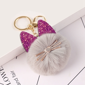Faux Fur Cat Pendant Keychain, Cute Glitter Kitten Golden Tone Alloy Key Ring Ornament, Dark Gray, 15x8cm