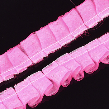 Organza Ribbon, Pleated/Double Ruffle Ribbon, Hot Pink, 19~23mm, 30m/bundle