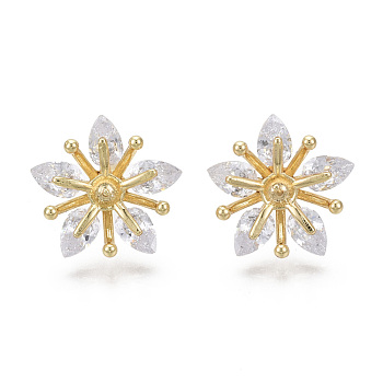 Brass Micro Pave Cubic Zirconia Stud Earring Findings, for Half Drilled Bead, Nickel Free, Flower, Real 18K Gold Plated, Clear, 16.5x16mm, Pin: 0.7mm, Pin: 0.7mm(for half drilled beads)