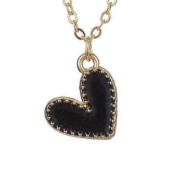 Alloy Enamel Heart Pendants Necklaces, Real 18K Gold Plated Brass Cable Chains Necklaces for Women, Black, 16.54 inch(42cm)
