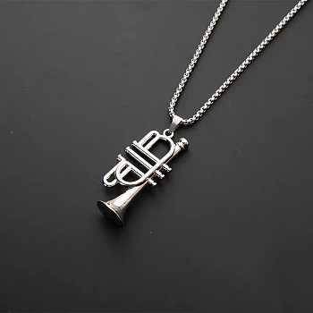 Alloy Musical Instruments Bugle Call Pendant Necklace with Stainless Steel Box Chains for Men Women, Stainless Steel Color, Pendant: 47x22mm, 27.56 inch(70cm)
