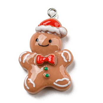 Opaque Resin Pendants, Christmas Charms with Platinum Plated Iron Loops, Gingerbread Man, 32x20x7mm, Hole: 2mm
