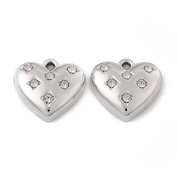 Alloy Crystal Rhinestone Pendants, Heart Charm, Platinum, 15x16x4.5mm, Hole: 1.6mm