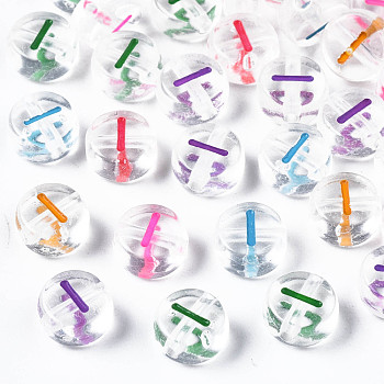 Transparent Clear Acrylic Beads, Horizontal Hole, Flat Round with Mixed Color Letter, Letter.I, 7x3.5mm, Hole: 1.2mm, about 3700pcs/500g