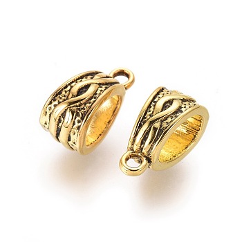 Tibetan Style Alloy Tube Bails, Loop Bails, Bail Beads, Lead Free & Nickel Free & Cadmium Free, Antique Golden Color, about 14mm long, 7.5wide, 9mm thick, hole: 1.5mm