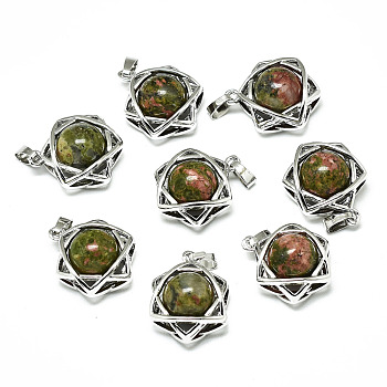 Natural Unakite Pendants, with Platinum Plated Brass Findings, Star of David, 19x15x10.5mm, Hole: 2.5x4.5mm