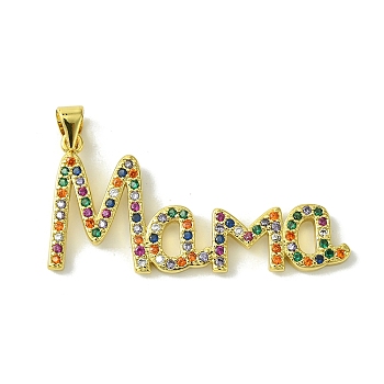 Mother's Day Real 18K Gold Plated Brass Micro Pave Random Color Cubic Zirconia Pendants, Word Mom, Colorful, 19x39.5x2mm, Hole: 5x3.5mm