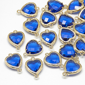 Glass Links connectors, with Golden Tone Brass Findings, Faceted, Heart, Blue, 15x10x3mm, Hole: 1mm