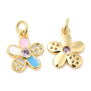 Brass with Cubic Zirconia Enamel Pendants, Long-Lasting Plated, Lead Free & Cadmium Free, Flower Charm, Real 18K Gold Plated, 14x12x2.5mm