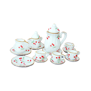 Mini Ceramic Tea Sets, including Teacup, Saucer, Teapot, Cream Pitcher, Sugar Bowl, Miniature Ornaments, Micro Landscape Garden Dollhouse Accessories, Pretending Prop Decorations, Cherry Pattern, 15pcs/set