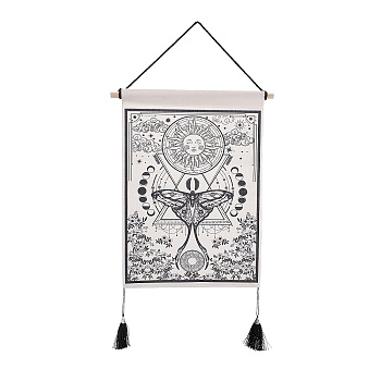 Bohemia Style Cloth Wall Hanging Tapestry, Vertical Tapestry, with Wood Rod & Iron Traceless Nail & Cord, for Home Decoration, Rectangle, Sun Pattern, 850mm