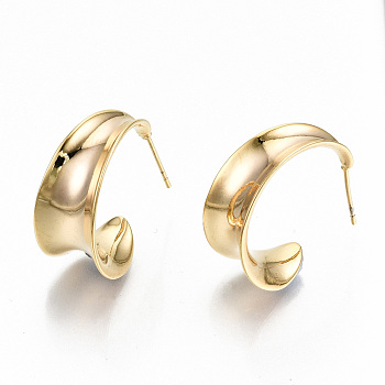 Semicircular Brass Stud Earrings, Half Hoop Earrings, Nickel Free, Real 18K Gold Plated, 23x24x11.5mm, Pin: 0.7mm