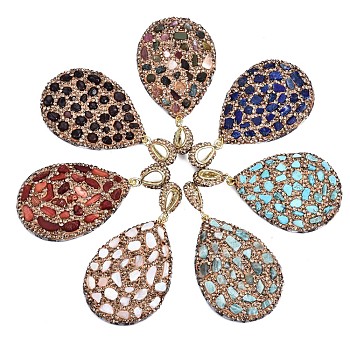 Polymer Clay Rhinestone Pendants, with Gemstone Chip/Natural Shell Chip and PU Leather, Teardrop, Golden, 53~56x37~39x6~8mm, PP12(1.8~1.9mm), Hole: 9x5mm