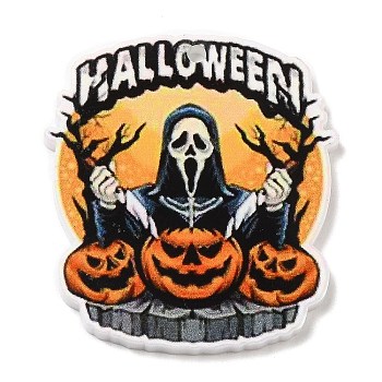 Halloween Themed Opaque Printed Acrylic Pendants, Pumpkin Charm, Ghost, 38x33.5x2mm, Hole: 2mm