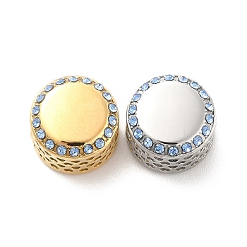 304 Stainless Steel European Beads, with Rhinestone, Large Hole Beads, Golden & Stainless Steel Color, Flat Round, Light Sapphire, 12x8mm, Hole: 4mm