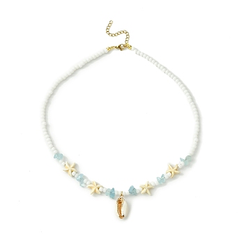 Natural Shell Pendant Necklace, with Natural Aquamarine Chips & Starfish Beaded Chains, Colorful, 17.99 inch(45.7cm)