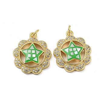 Brass Micro Pave Cubic Zirconia Pendants, with Enamel Shell, Flower with Star, Medium Sea Green, 21x18x4.5mm