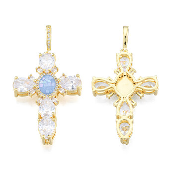 Brass Micro Pave Clear Cubic Zirconia Pendants, with Abalone Shell/Paua Shell, Nickel Free, Real 18K Gold Plated, Cross, Cornflower Blue, 45.5x30x6.5mm, Hole: 4x7mm