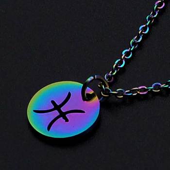 201 Stainless Steel Pendants Necklaces, with Cable Chains and Lobster Claw Clasps, Flat Round with Constellation/Zodiac Sign, Rainbow Color, Pisces, 15-3/4 inch(40cm), 1.5mm