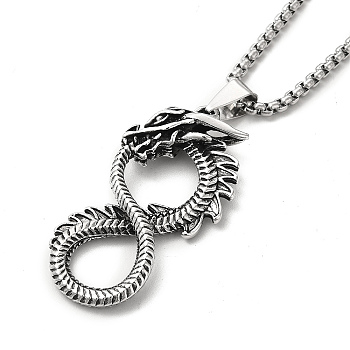 Alloy Dragon Infinity Pandant Necklace with Box Chains, Gothic Jewelry for Men Women, Antique Silver, 23.62 inch(60cm)