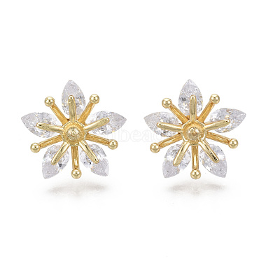 Real 18K Gold Plated Clear Flower Brass+Cubic Zirconia Stud Earring Findings