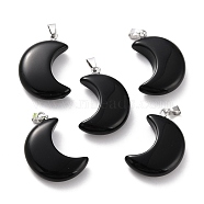Natural Obsidian Pendants, with Platinum Brass Loops, Moon, 29x18~21x7~10mm, Hole: 6x3mm(G-Z022-02L)