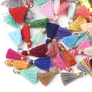 Polycotton(Polyester Cotton) Tassel Pendant Decorations, Mini Tassel, with Iron Findings and Metallic Cord, Light Gold, Mixed Color, 10~15x2~3mm, Hole: 1.5mm(FIND-S281-M)