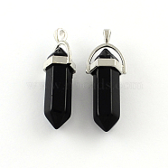 Black Stone Pendants with Alloy Findings, Platinum, 40~42x13.5x10mm, Hole: 2mm(G-R278-27P)