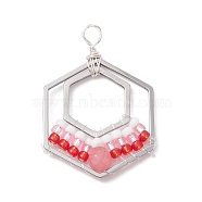 Wire Wrapped Natural White Jade & Glass Bead Pendants, 304 Stainless Steel Hexagon Charm, 29x20.5x2mm, Hole: 3mm(PALLOY-MZ00200)