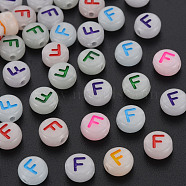Acrylic Beads, Glow in the Dark, with Enamel and Luminous, Horizontal Hole, Flat Round with Alphabet, Letter.F, 6.5x7x4mm, Hole: 1.6mm, about 3600pcs/500g(MACR-N008-58F)