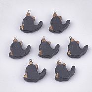Handmade Porcelain Kitten Pendants, Frosted, with Brass Findings, Cat Back Shape, Platinum, Gray, 24~25x20~21x6mm, Hole: 1.5mm(PORC-T002-64)