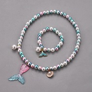 Plastic Imitation Pearl Stretch Bracelets and Necklace Jewelry Sets, with Mermaid Tail Shape Resin Pendants and Alloy Enamel Pendants, Whale Tail Shape, Shell, Sky Blue, 1-5/8 inch(4cm), 15.7 inch(40cm)(X-SJEW-JS01053-01)