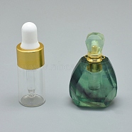 Faceted Natural Fluorite Openable Perfume Bottle Pendants, with Brass Findings and Glass Essential Oil Bottles, 44~50x28x18.5~20.5mm, Hole: 1.2mm, Glass Bottle Capacity: 3ml(0.101 fl. oz), Gemstone Capacity: 1ml(0.03 fl. oz)(G-E556-14A)
